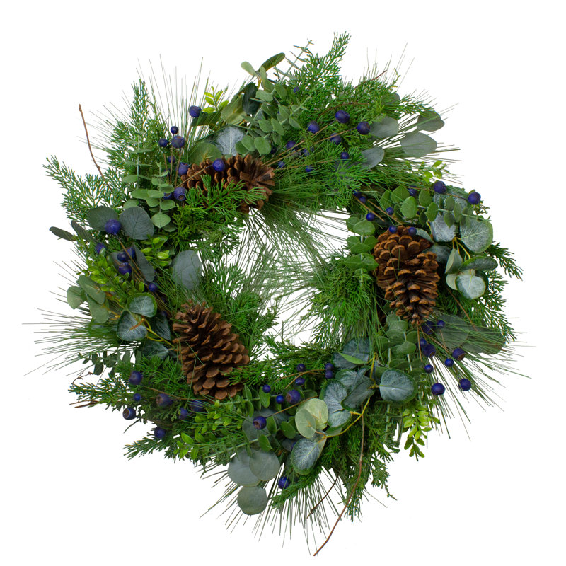 Couronne de Noël artificielle pin bleuet eucalyptus 28 po non éclairée