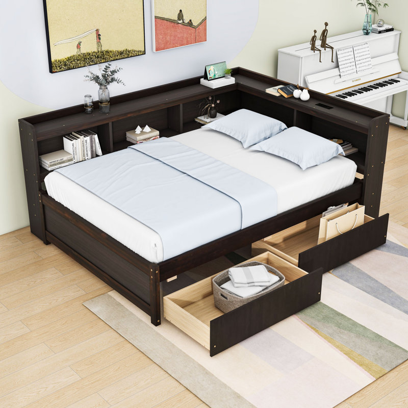 Full Size L-Shaped Daybed with Built-In Shelves, USB Charging Station and Storage Drawers, Espresso
