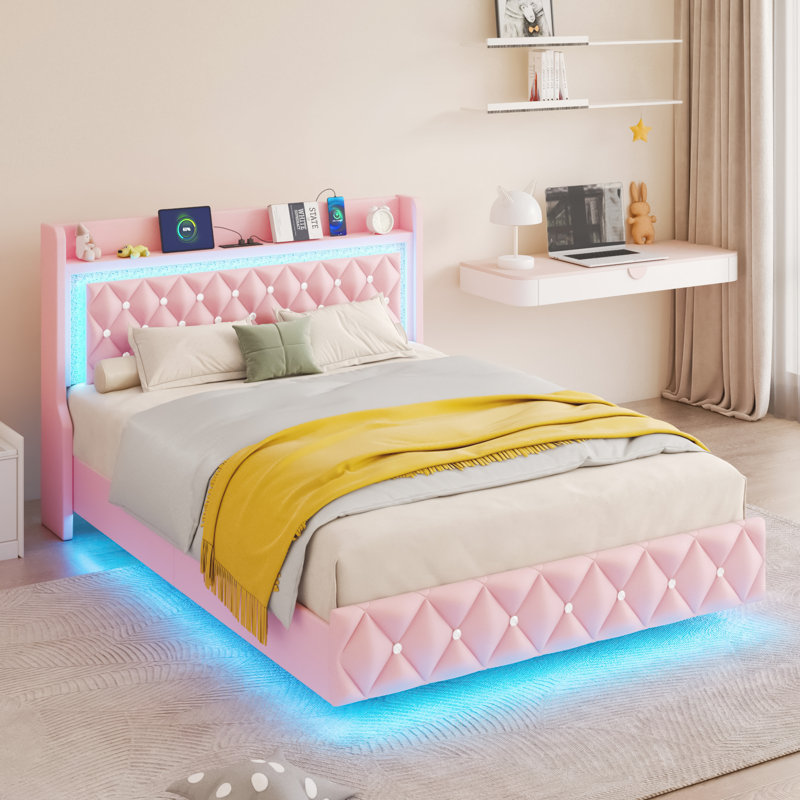 Floating Queen Bed Frame With LED Light, Upholstered Platform PU Leather Bed With Charging Station & Wingback, Diamond Tufted Storage Headboard & Footboard, No Box Spring Needed