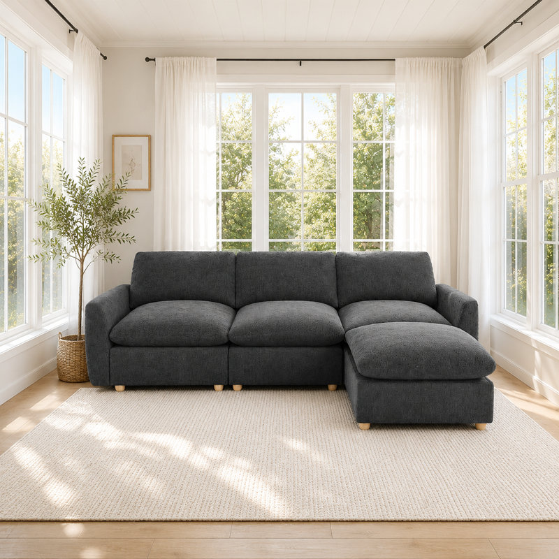 Canapé modulaire rembourré 100 po en chenille avec rangement 100 po, Gris chenille