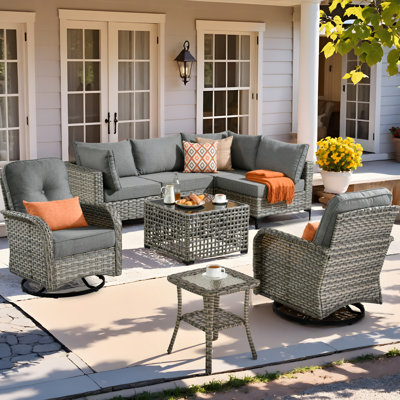 Tommy Outdoor Wicker 6 Person Seating Group With Cushions With Rocking And Swivel Chairs by Lark Manor
