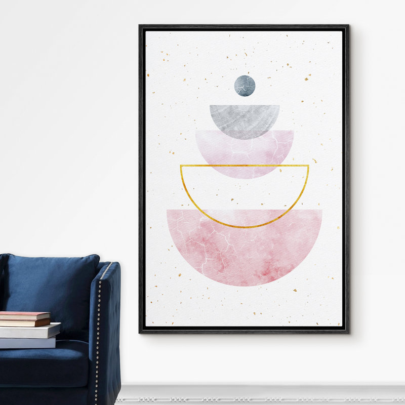 Signature, impression sur toile encadrée rose et gris pastel demi-cercles géométriques, illustrations, art moderne moyen