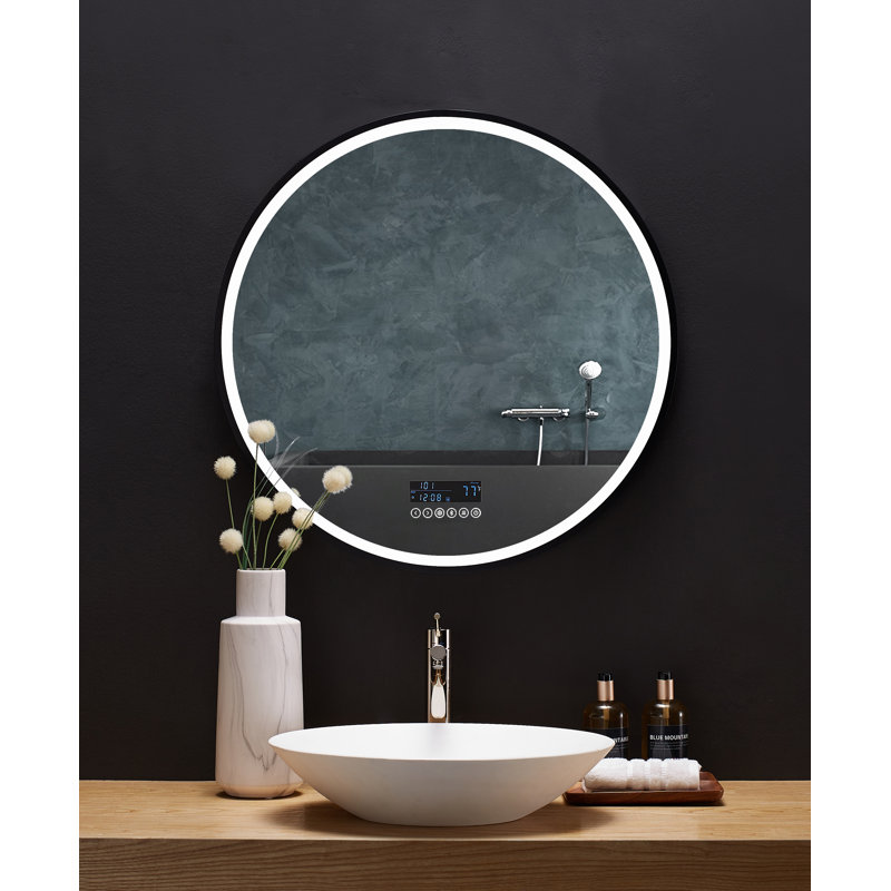 Round Black LED Bathroom Vanity Mirror with Bluetooth and Digital Display