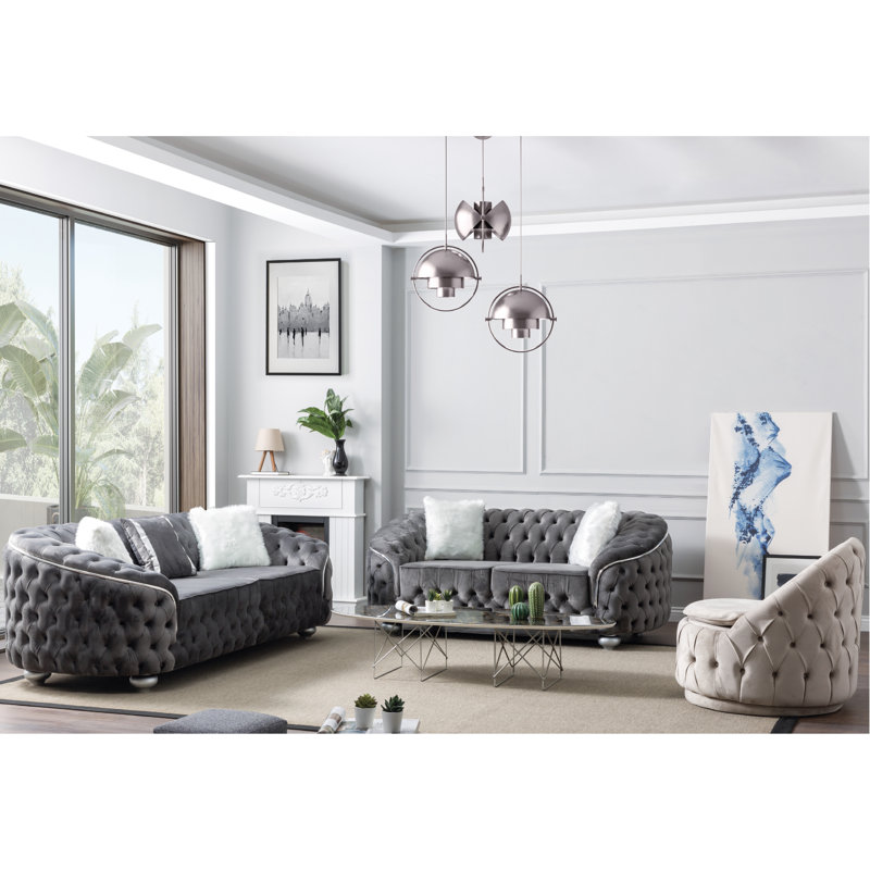 Gonda Velvet Rolled Arm Sofa, 31" H x 84" W x 36" D , Gray 