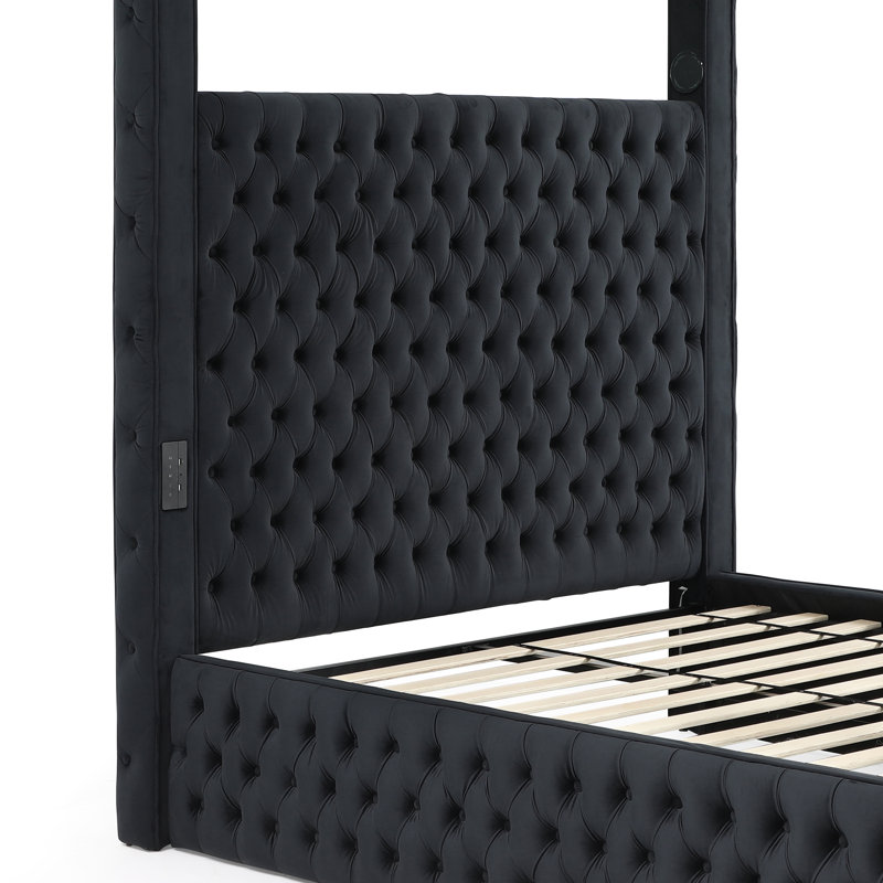 Jittender Luxurious Velvet Upholstered Canopy Bed with Speaker & USB  Connection