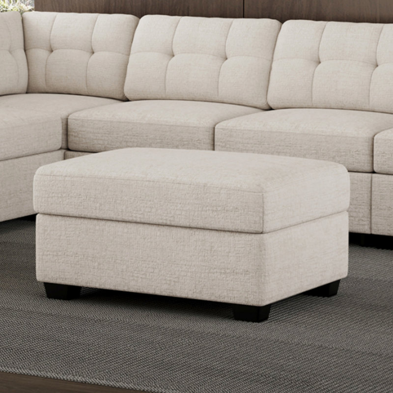 Minimalist Chenille Soft-Upholstered Square Storage Ottoman, Beige