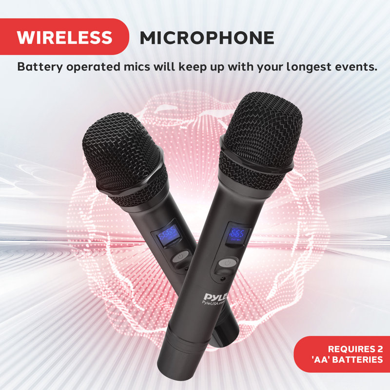 Système de microphone sans fil UHF Pyle - Récepteur de mixage audio numérique portatif avec Bluetooth, 2 micros portatifs, base de récepteur, fréquence adressable, idéal pour le karaoké à la maison et l'utilisation professionnelle, noir