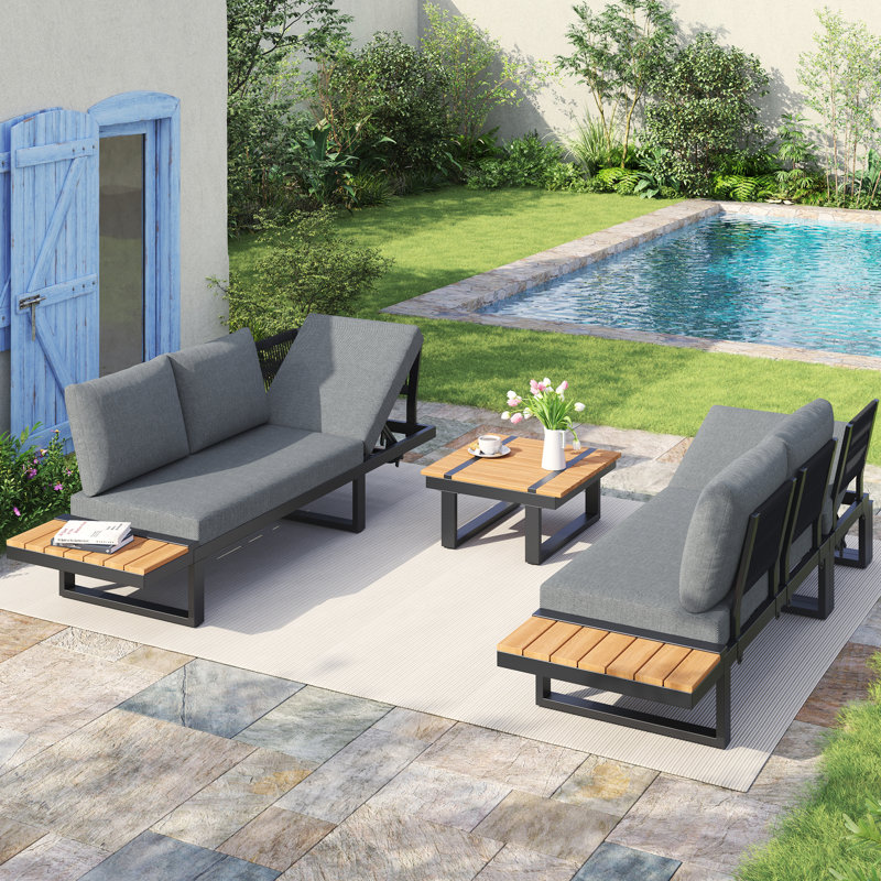 2-in-1 Outdoor Lounge Set with Adjustable Reclining Chairs and Wood Coffee Table, Grey