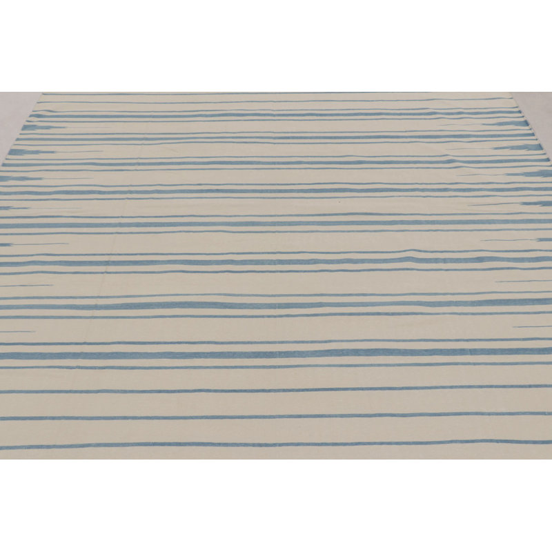 Rug & Kilim’S Indian Dhurrie Rug In Ivory And Blue Stripes