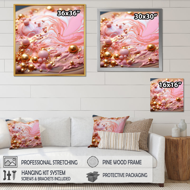 Art liquide sur toile rose et dorée - formes abstraites sur toile, H 30 po x l 30 po x P 1 po, Cadre naturel flottant