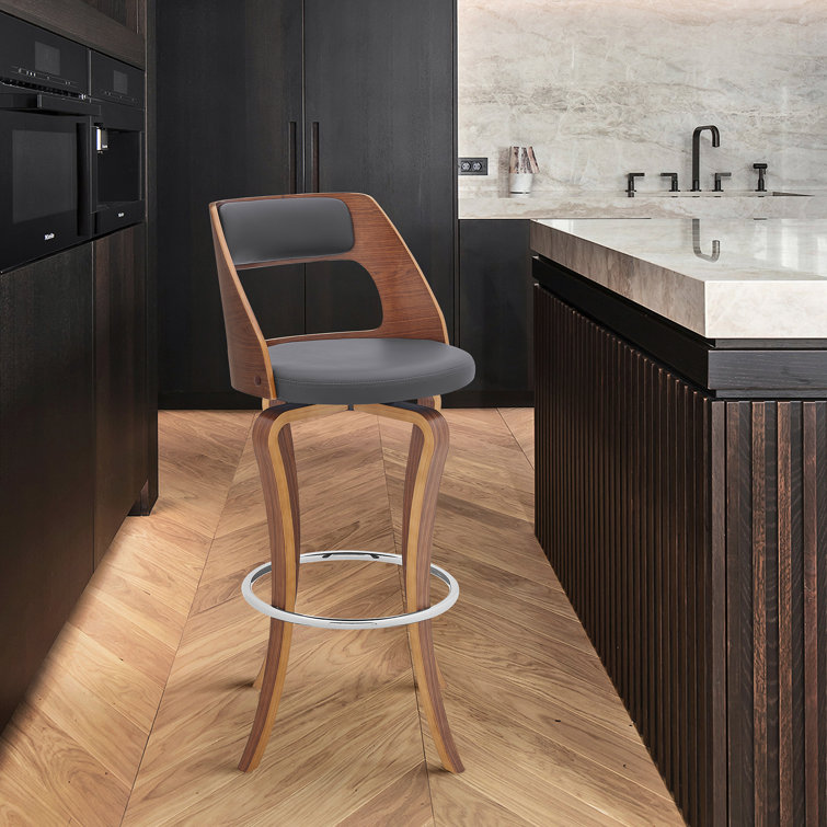 Brookson Swivel Counter or Bar Height Bar Stool with Open Back in Faux Leather, and Walnut Wood