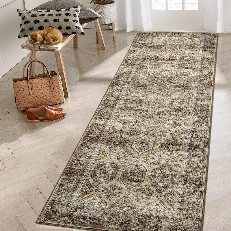Vintage Washable Area Rug for Hallway, Dining Room and Living Room, Brown, Runner 2' x 6'