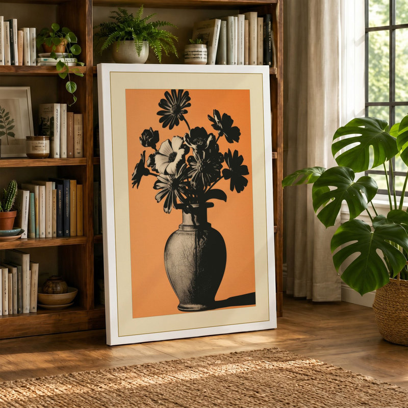 Geometric Floral Silhouette Art Deco 1 Piece Wrapped Canvas Wall Art, 18x12 - 45.7 x 30.5 cm, Black Border