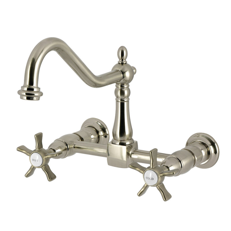 Kingston Brass Hamilton Double-Handle 2-Hole Wall-Mount Bridge Kitchen Faucet, Brushed Nickel