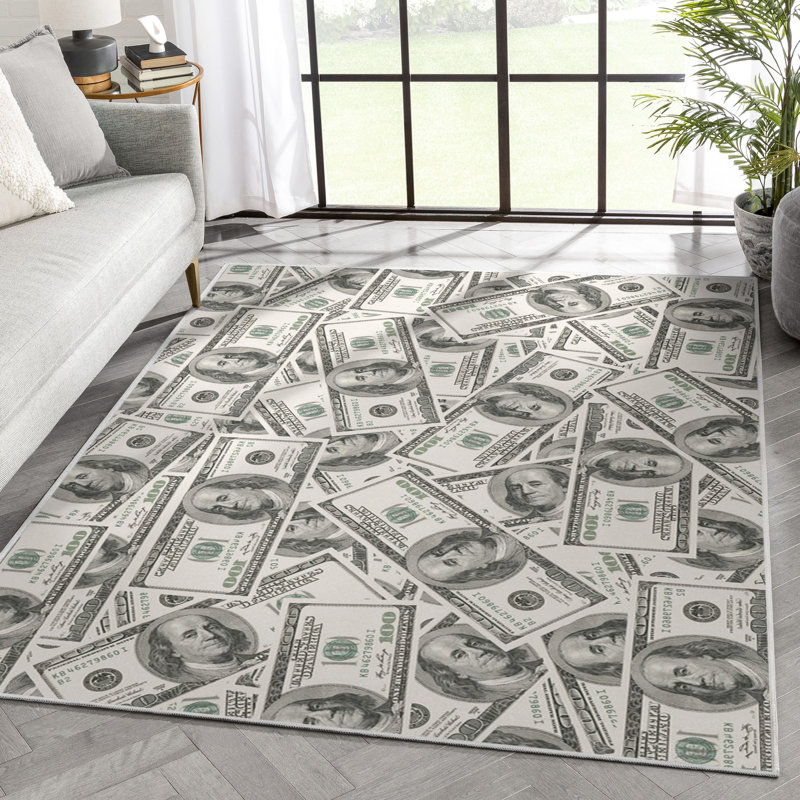  Tapis vert moderne à motif de billets, Rectangle 7 pi 7 po x 9 pi 10 po