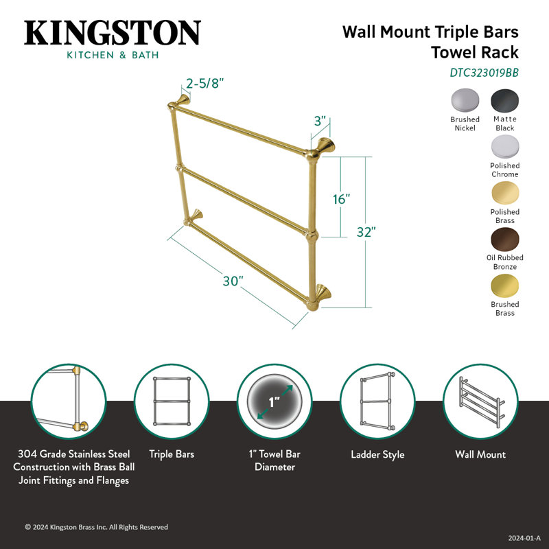 Kingston Brass Maximilien 30-Inch Wall Mount 3-Bar Towel Rack, Chrome, 32" H x 30" W x 3" D
