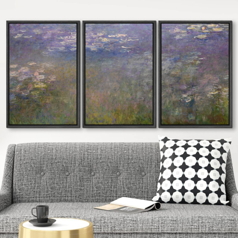Célèbre œuvre d'art «Nymphéas» par Claude Monet, H 36 po x l 72 po, Cadre flottant noir
