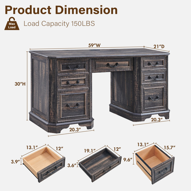 59” Executive Office Desk With Storage,wood Home Office Computer Desk With Charging Station,file Drawers And Storage Cabinet