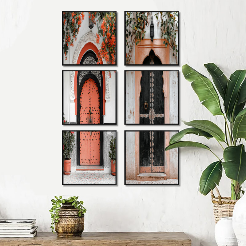 Ensemble de 6 art mural sur toile rose avec porte marocaine rose Rhapsody, Impression encadrée sans passe-partout, Noir