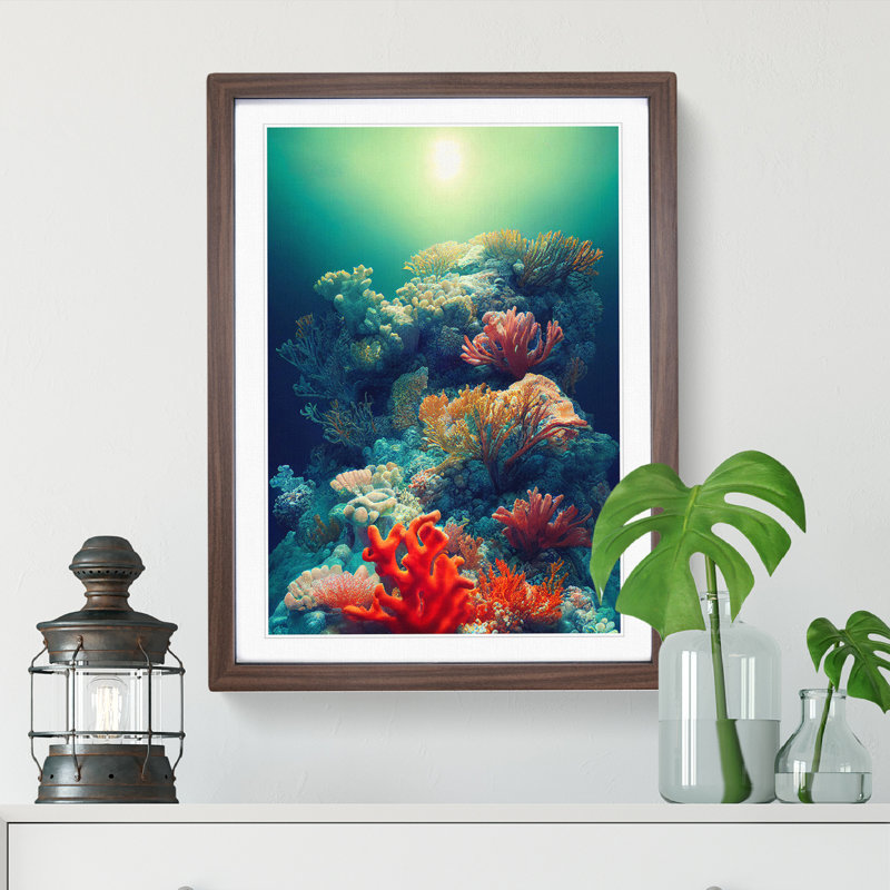 Sensational Coral Reef - Single Picture Frame Print, 64cm H x 46cm W x 2cm D, Walnut