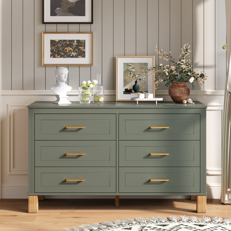  6-Drawer Double Dresser, Modern Bedroom Storage Cabinet with Solid Wood Legs & Metal Handles, Olive Green, Olive Green