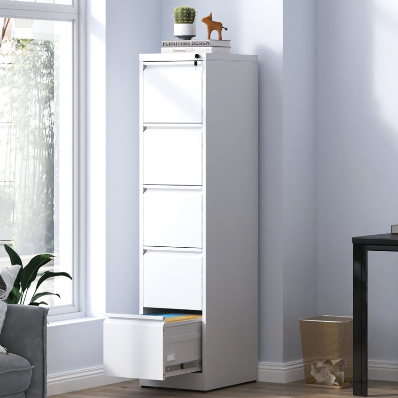 Classeur vertical à 5 tiroirs en métal avec serrure, bureau / maison, acier, accès facile, inclinable, pleine extension, blanc pour tiroirs robustes et lisses, look moderne