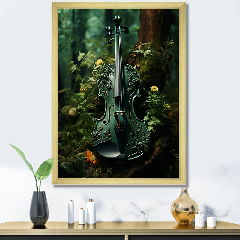 Violon verdure dans la forêt sur toile, Cadre doré simple, H 44 po x l 34 po x P 1,5 po