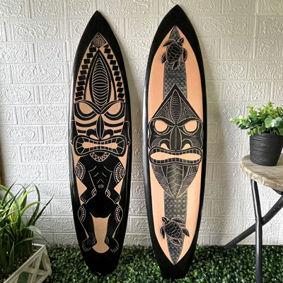 Ensemble de 2 planches de surf tropicales en bois sculpté à la main avec masque tiki, noir et brun, 39 pouces de large