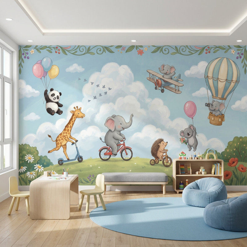 Papier peint fantaisiste Playful Animals, Non tissé non collé, 120 po x 96 po