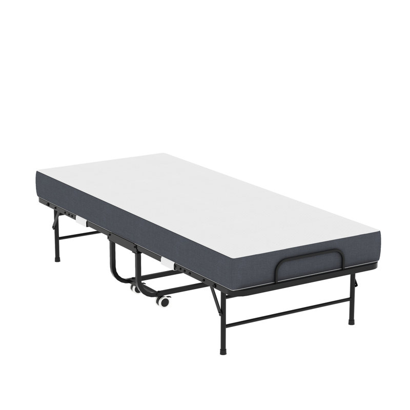Lit simple pliant de 75 pouces avec matelas en mousse à mémoire de forme de 5 po, invité peu encombrant pour adultes, structure en métal robuste sur roulettes, style de chambre à coucher de style moderne