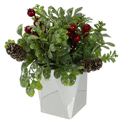 Arrangement de Noël en bois de buis artificiel vert et argent 8 po avec baies
