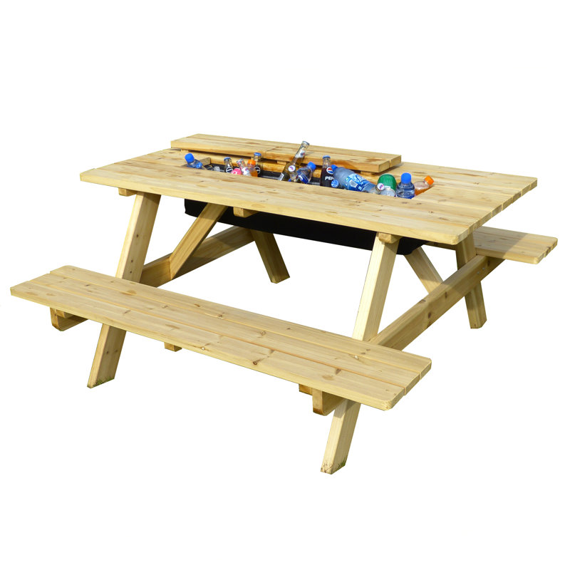 Natural Canadian Hemlock 6-Person Outdoor Picnic Table with Built-in Cooler