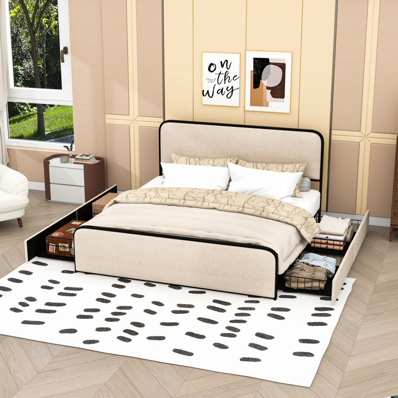 Metal Bed Frame with 4 Storage Drawers, King