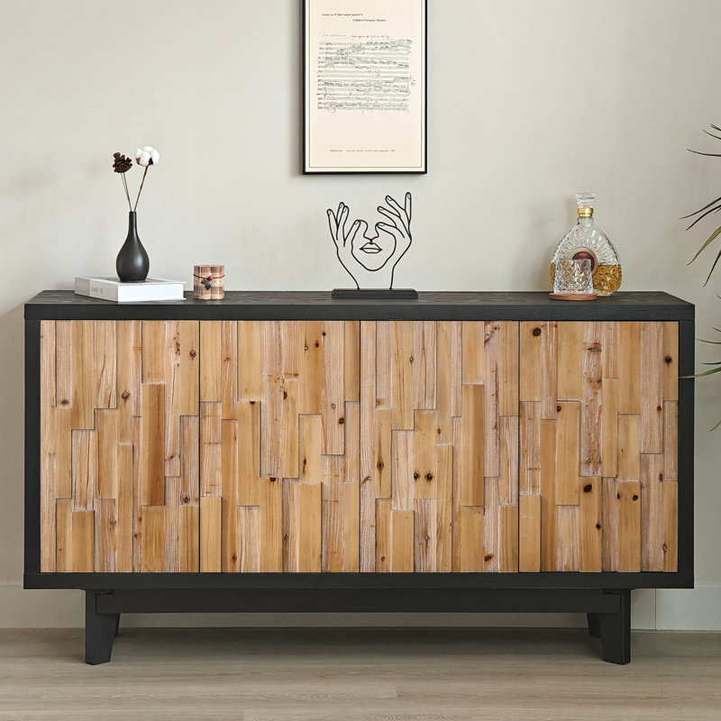 Armoire de rangement moderne en bois rustique avec texture géométrique - 4 portes pratiques et élégantes