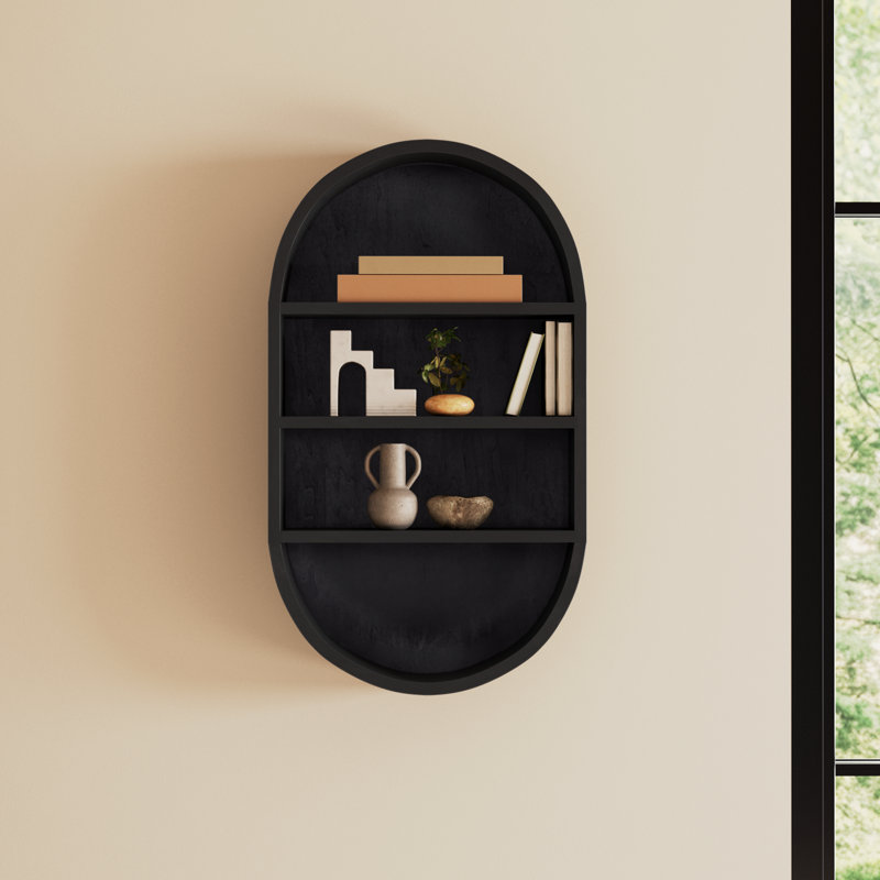 Minx Oval Solid Mango Wood Accent Wall Shelf, Black