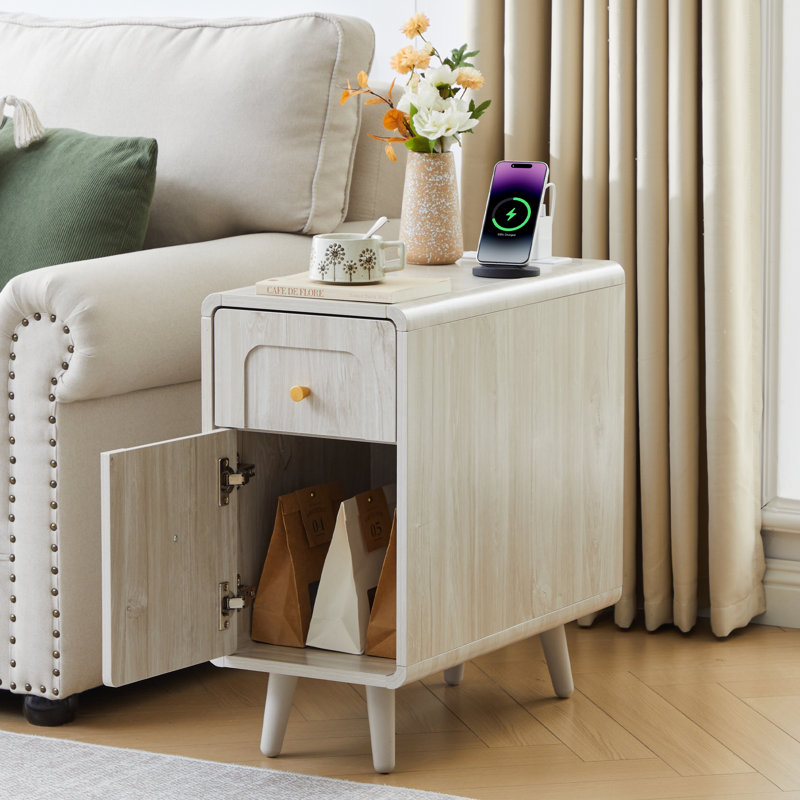 Narrow End Table With Charging Station, White
