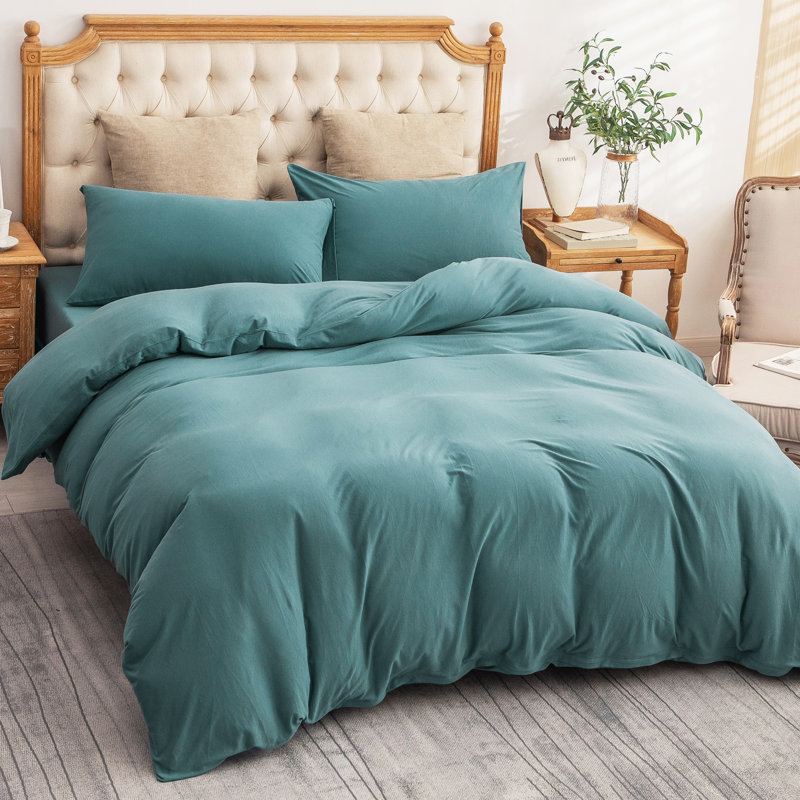 HOME BEDDING Jersey Cotton Duvet Cover Set, Queen Duvet Cover + 2 Standard Shams, Teal Green