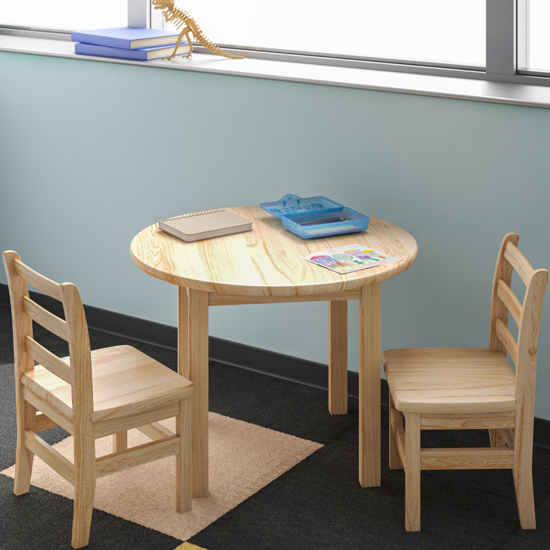  ECR4Kids 30in D Round Hardwood Table and Chairs, 12in Seat, Kids Furniture, 3-Piece, Natural
