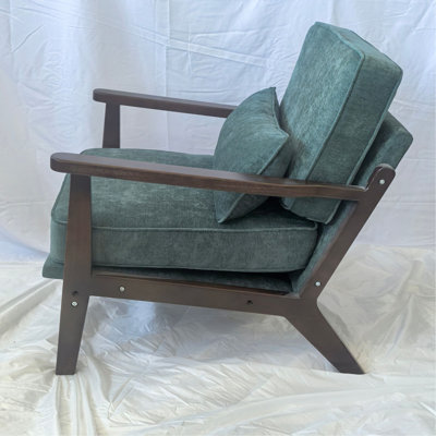Mid-Century Modern Lounge Chair Single, Living Room Chair with Lumbar Pillow and Straight Wood Armrests, Accent Chair for Living Room, Bedroom, Indoor