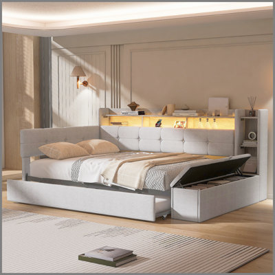 Lit de jour double rembourré avec repose-pieds et tablettes, avec couchette, charge USB et lumière DEL, beige