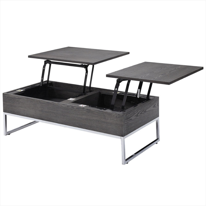 Table basse contemporaine avec plateau relevable, gris neutre et chrome, 47 pouces