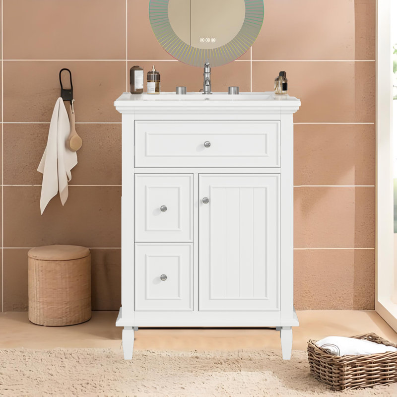 Ensemble de meuble-lavabo simple 24 po avec 3 tiroirs et une armoire 24 po, Blanc, Acier Inoxydable