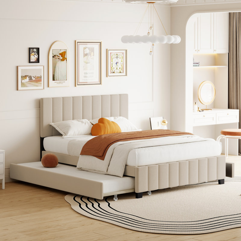 Grand lit plateforme tapissier en velours avec 2 tiroirs et 1 lit gigogne simple TG - beige