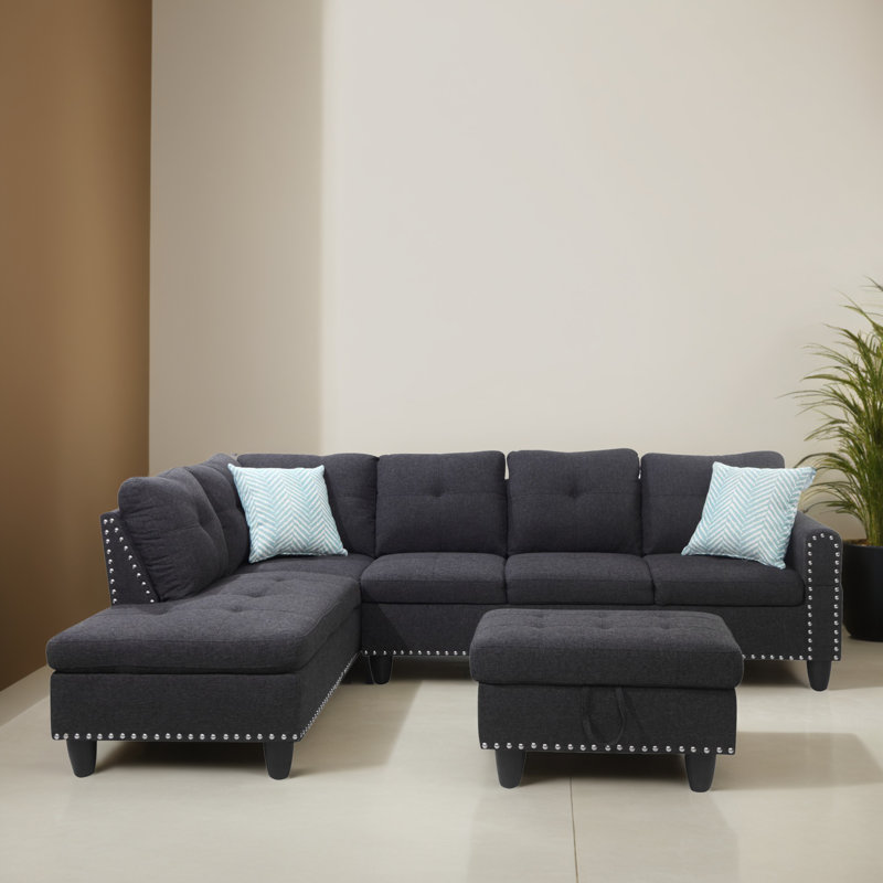 Canapé modulaire 3 pièces faisant face à la gauche avec repose-pieds, Lin gris anthracite