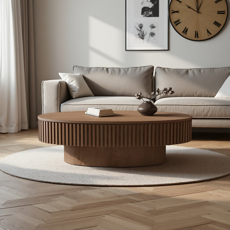 Table basse 47 po ovale en placage de bois massif avec rangement, noyer pour le salon