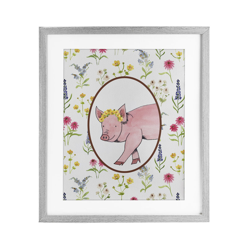 «Farm Friends Pig & Herbs», reproduction sous verre encadrée, design par Nina Jacobs, H 21 po x l 17 po, Cadre de ferme gris