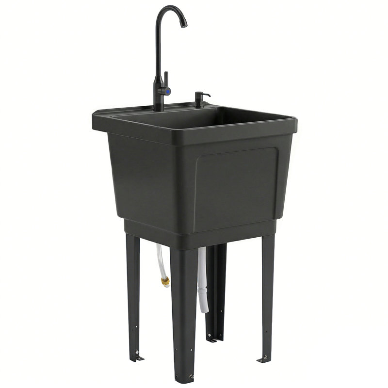 Évier utilitaire portable autoportant de 87 litres (23 gallons) avec distributeur de savon intégré, noir, gain de place.