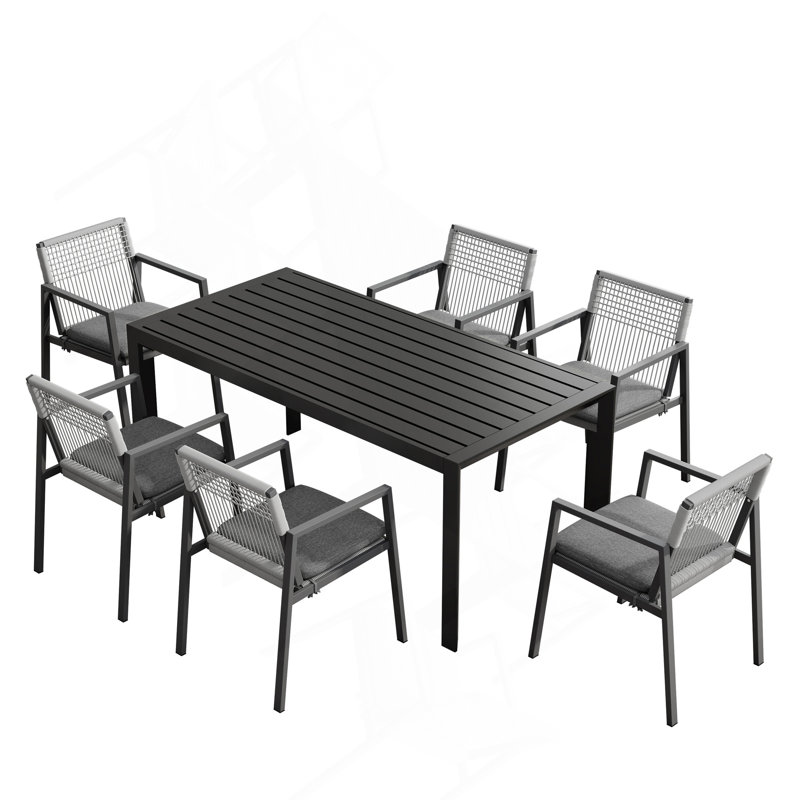 Ensemble de salle à manger d'extérieur, ensemble de 6 chaises en aluminium avec corde et table en aluminium, gris et noir