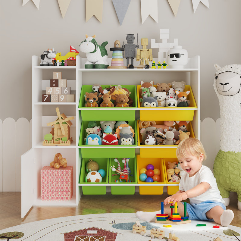 Kids Toy Storage Organizer, 4-Tier MDF Wooden Toy Box with 8 Removable Plastic Storage Bins, Kids Bookshelf & Storage Cabinet for Playroom, Bedroom, Nursery, Classroom, White