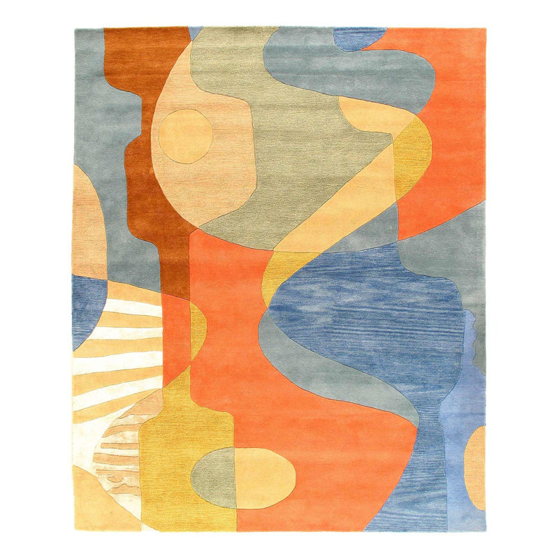 Tapis orange / jaune / bleu en coton / laine abstrait touffeté à la main 7 pi 9 po x 9 pi 9 po Abstract
